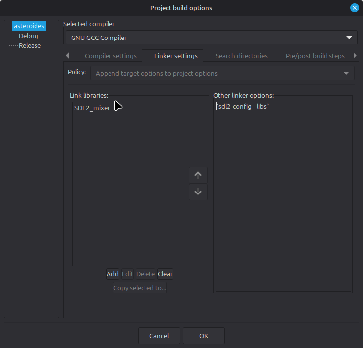 Opciones de construcción, enlazador