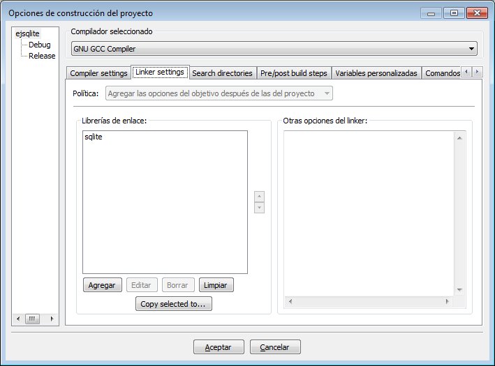 Diálogo de opciones de construcción de Code::Blocks