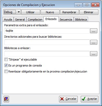 Diálogo de opciones de construcción de ZinjaI